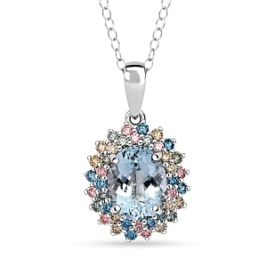 AAA Mangoro Aquamarine and SI Luxuriant Lab Grown Multi Diamond 2.90 ctw Pendant Necklace in Rhodium Over Sterling Silver 20 Inches