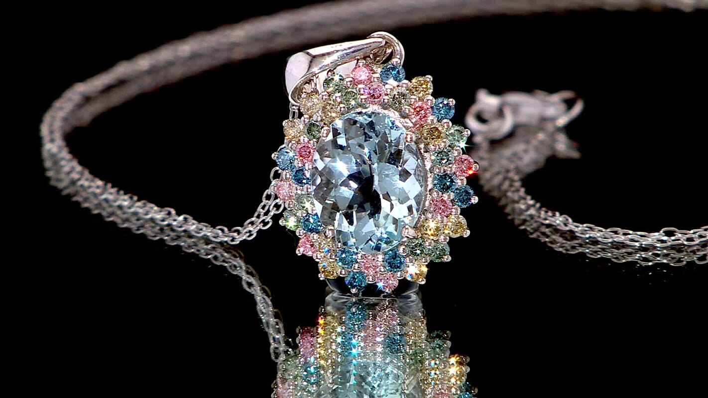 AAA Mangoro Aquamarine and SI Luxuriant Lab Grown Multi Diamond 2.90 ctw Aurora Blossom Pendant Necklace in Rhodium Over Sterling Silver 20 Inches