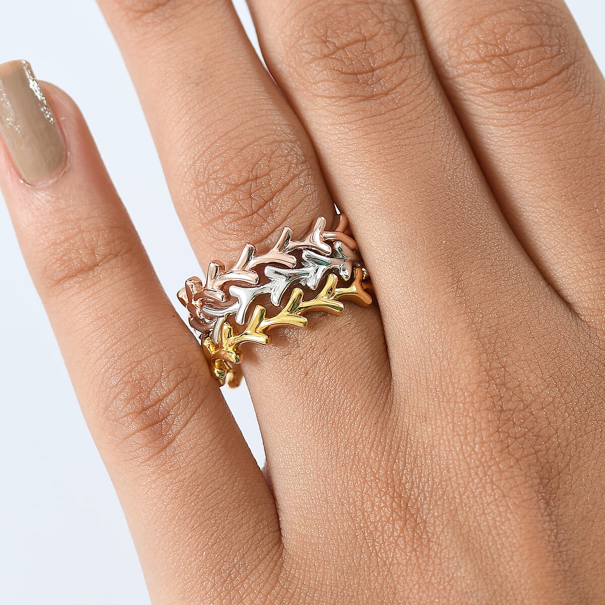 D'Joy Set of 3 Y-Link Band Ring in 18K Vermeil Yellow Rose Gold and Rhodium Over Sterling Silver (Size 6.0) 7 Grams image number 2