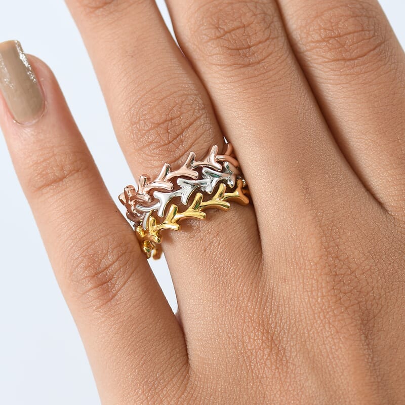 D'Joy Set of 3 Y-Link Band Ring in 18K Vermeil Yellow Rose Gold and Rhodium Over Sterling Silver (Size 6.0) 7 Grams