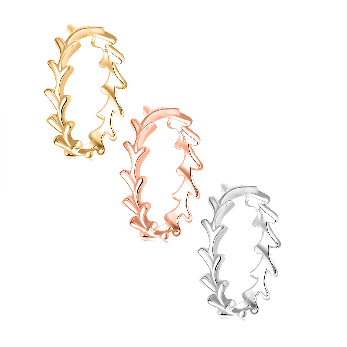 D'Joy Set of 3 Y-Link Band Ring in 18K Vermeil Yellow Rose Gold and Rhodium Over Sterling Silver (Size 6.0) 7 Grams