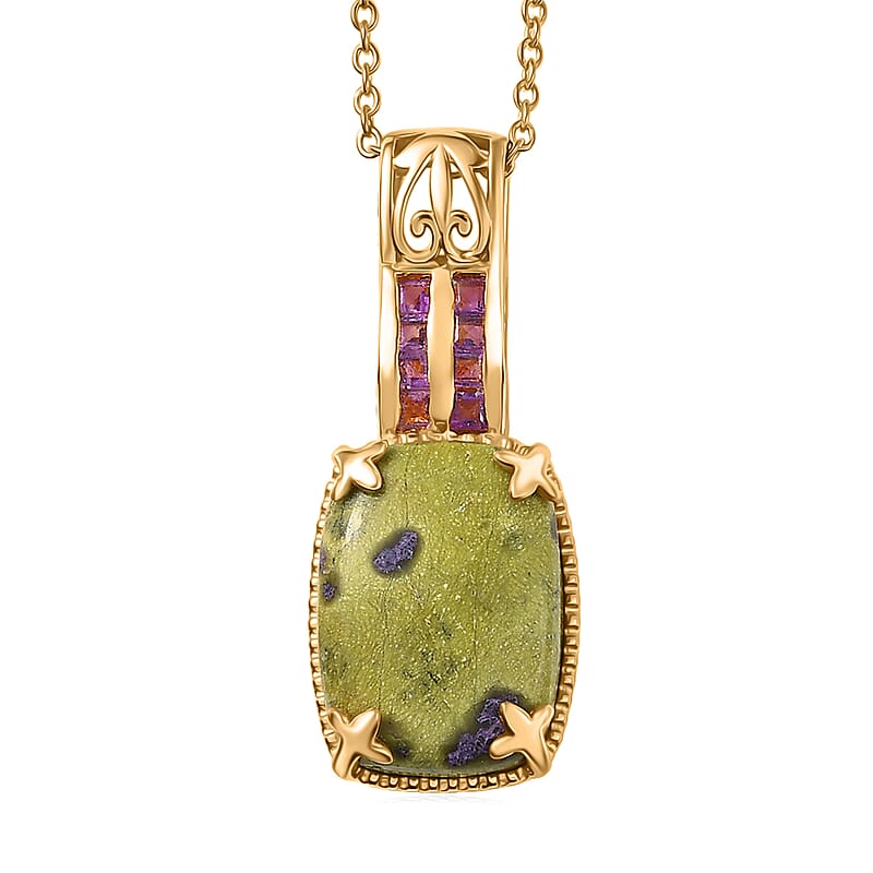 EverTrue Tasmanian Stichtite and African Amethyst 14.00 ctw Earthborn Royal Majesty Pendant in 18K YG Plated with ION Plated YG Stainless Steel Necklace 20 Inches