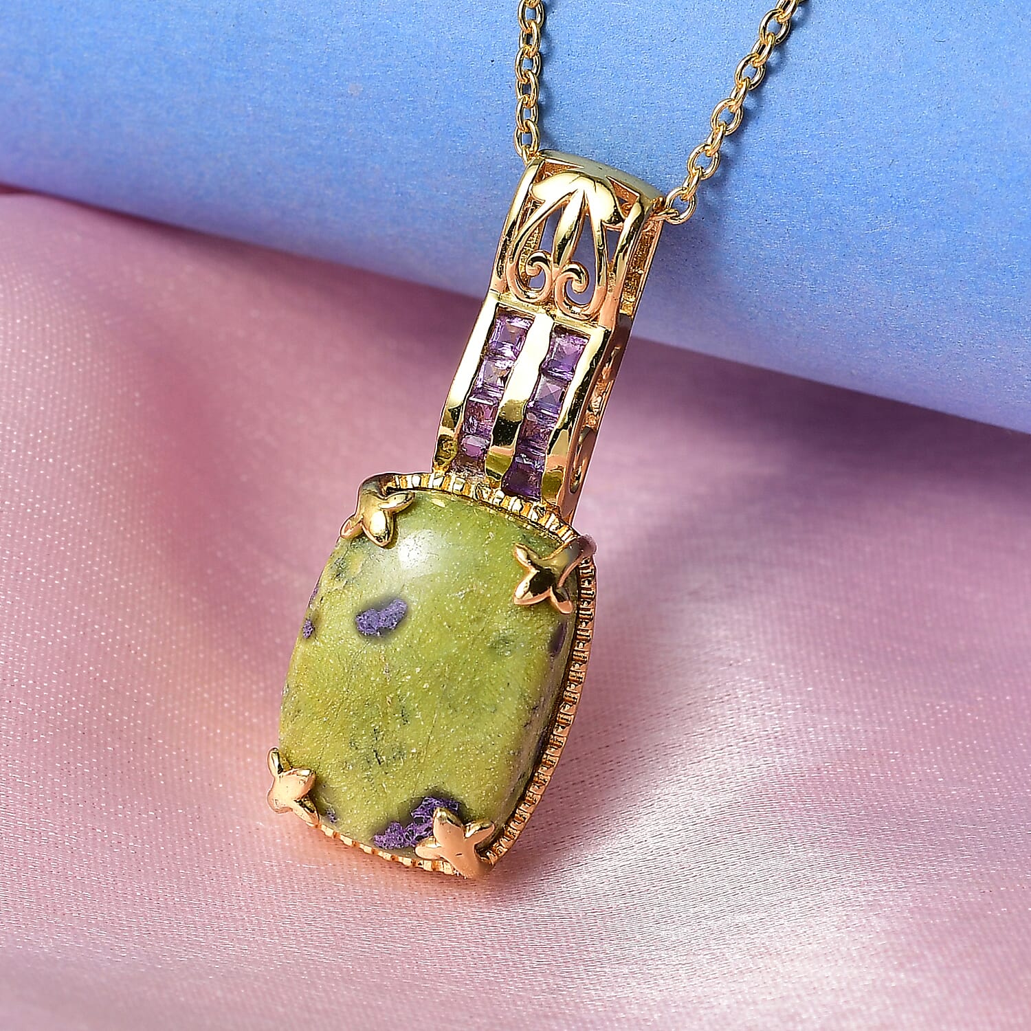 EverTrue Tasmanian Stichtite and African Amethyst 14.00 ctw Earthborn Royal Majesty Pendant in 18K YG Plated with ION Plated YG Stainless Steel Necklace 20 Inches
