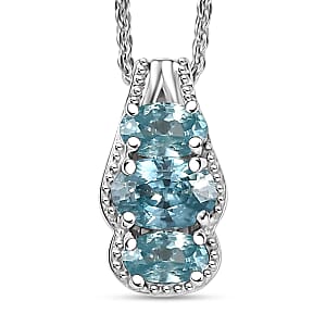 D'Joy Cambodian Blue Zircon 1.40 ctw Pendant Necklace in Rhodium Over Sterling Silver 20 Inches 