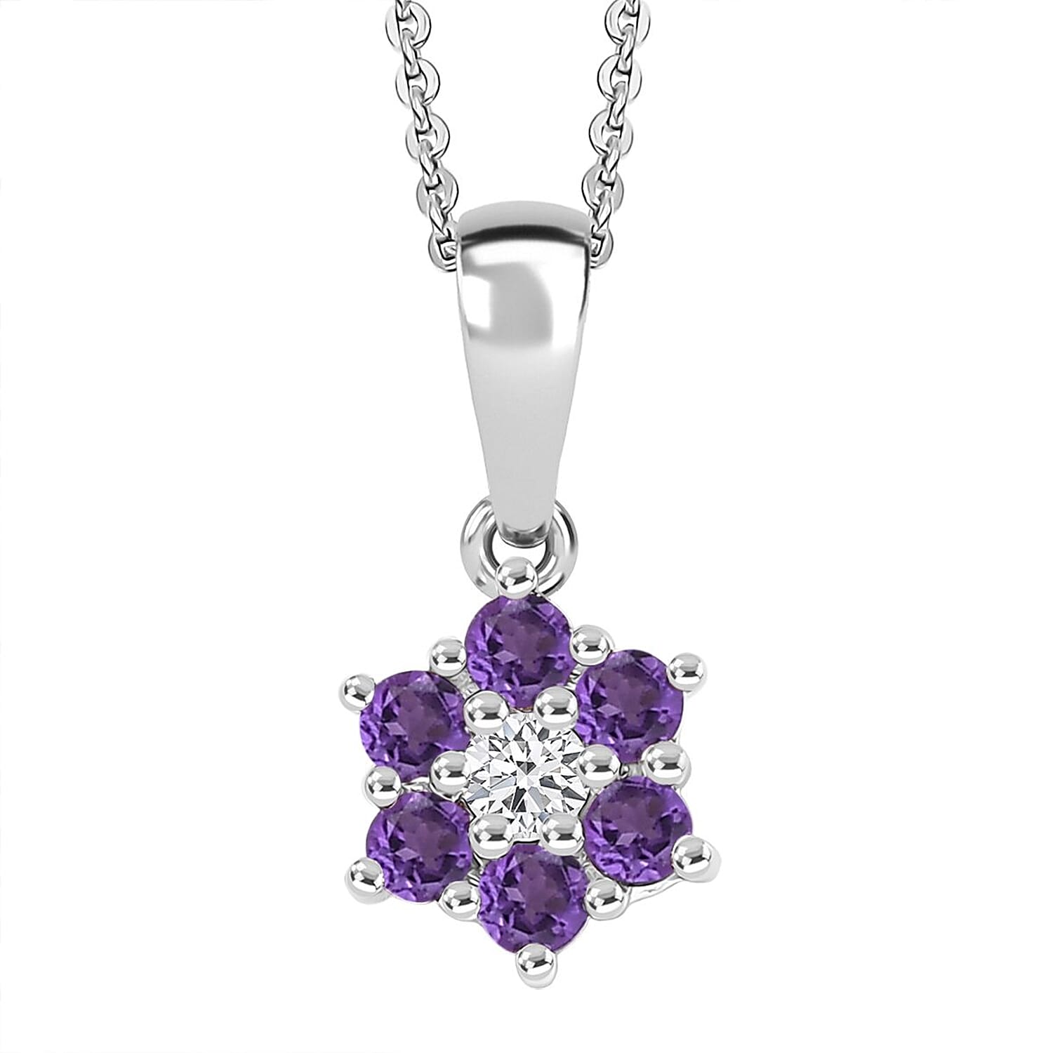 D'Joy African Amethyst and White Zircon 0.35 ctw Pendant Necklace in Rhodium Over Sterling Silver 20 Inches