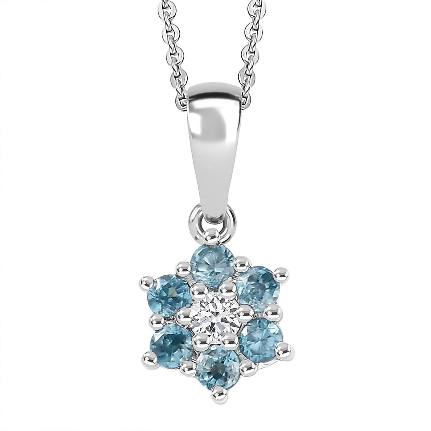 D'Joy Cambodian Blue Zircon and White Zircon 0.60 ctw Pendant Necklace in Rhodium Over Sterling Silver 20 Inches