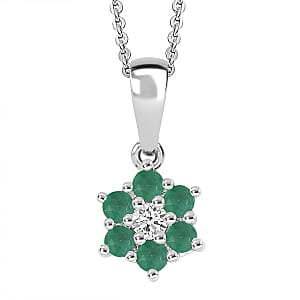 D'Joy Socoto Emerald and White Zircon 0.40 ctw Pendant Necklace in Rhodium Over Sterling Silver 20 Inches