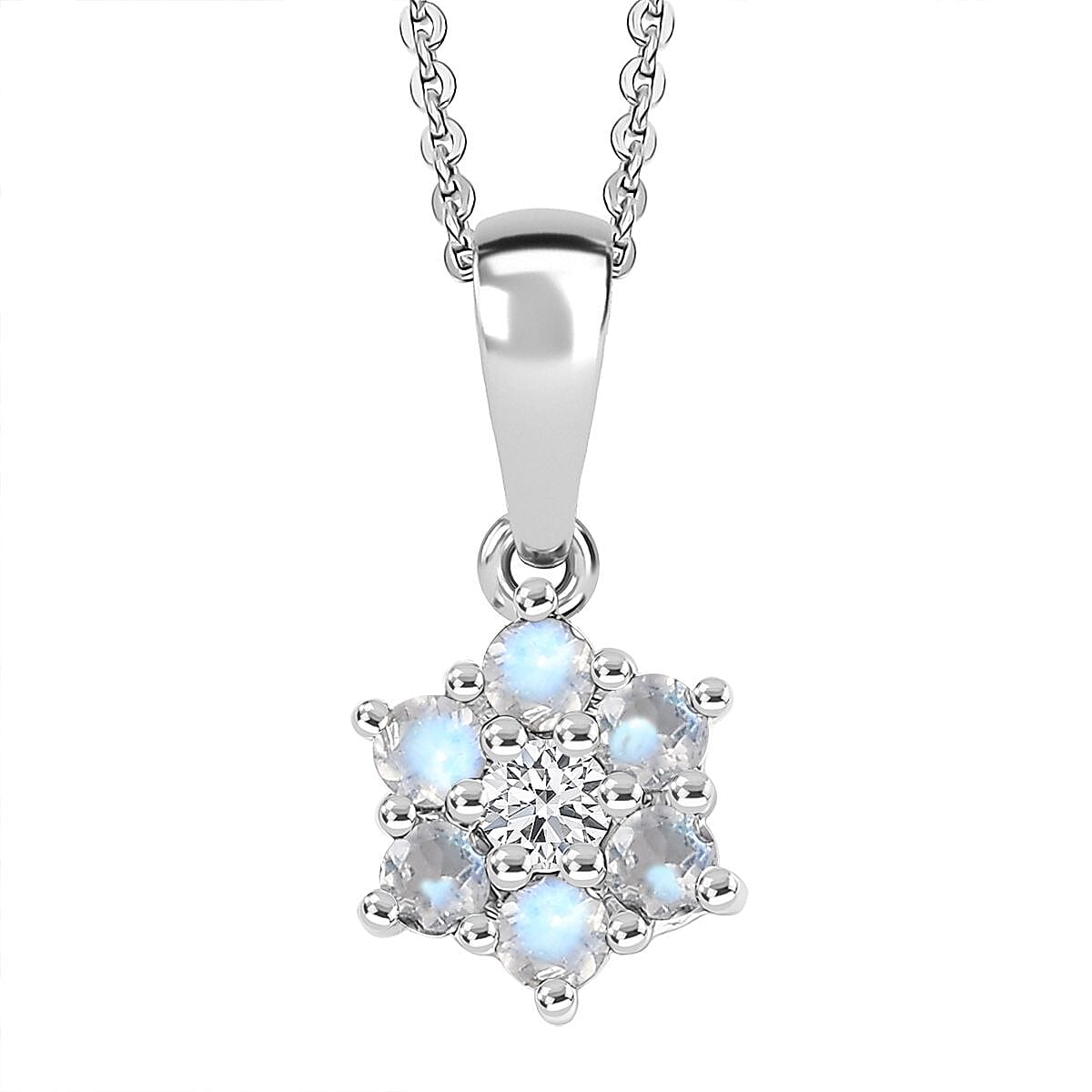 D'Joy Rainbow Moonstone and White Zircon 0.40 ctw Pendant Necklace in Rhodium Over Sterling Silver 20 Inches  image number 0