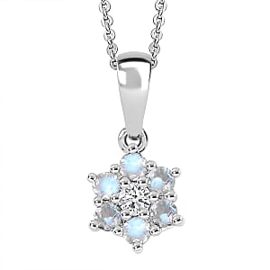 D'Joy Rainbow Moonstone and White Zircon 0.40 ctw Pendant Necklace in Rhodium Over Sterling Silver 20 Inches 