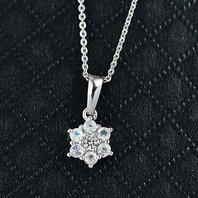 D'Joy Rainbow Moonstone and White Zircon 0.40 ctw Pendant Necklace in Rhodium Over Sterling Silver 20 Inches 