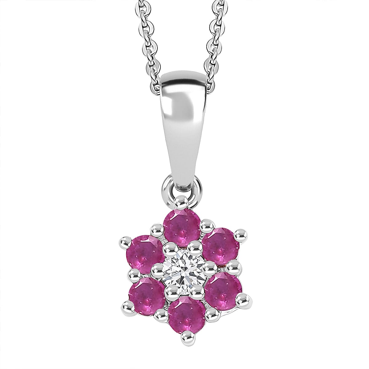 D'Joy Niassa Ruby (FF) and White Zircon 0.50 ctw Pendant Necklace in Rhodium Over Sterling Silver 20 Inches