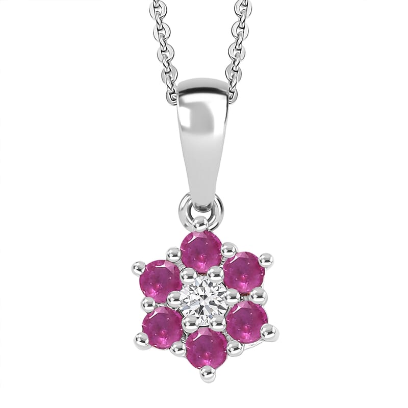 D'Joy Niassa Ruby (FF) and White Zircon 0.50 ctw Pendant Necklace in Rhodium Over Sterling Silver 20 Inches