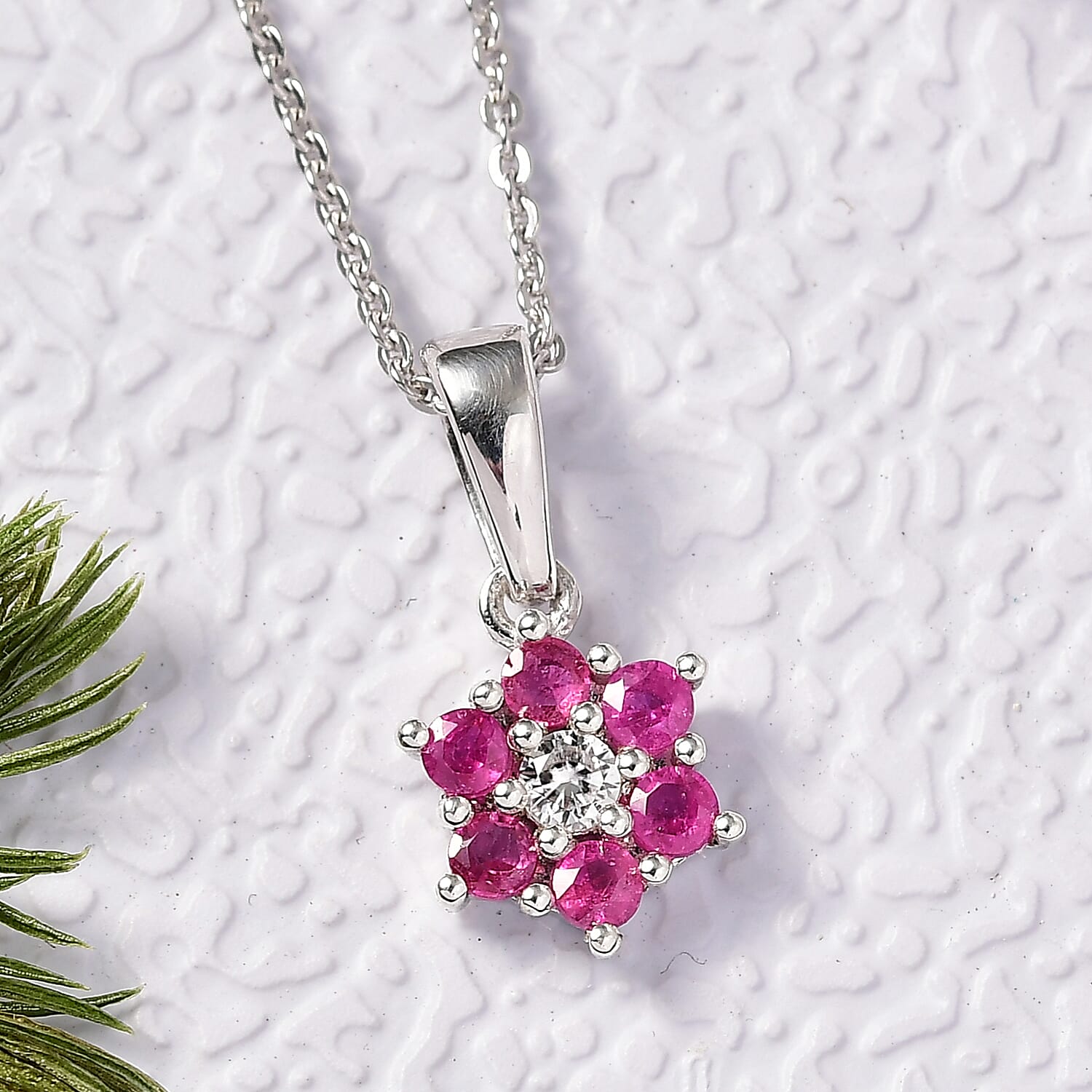 D'Joy Niassa Ruby (FF) and White Zircon 0.50 ctw Pendant Necklace in Rhodium Over Sterling Silver 20 Inches