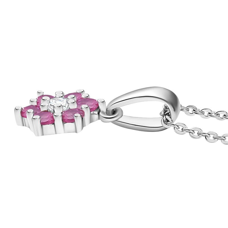 D'Joy Niassa Ruby (FF) and White Zircon 0.50 ctw Pendant Necklace in Rhodium Over Sterling Silver 20 Inches