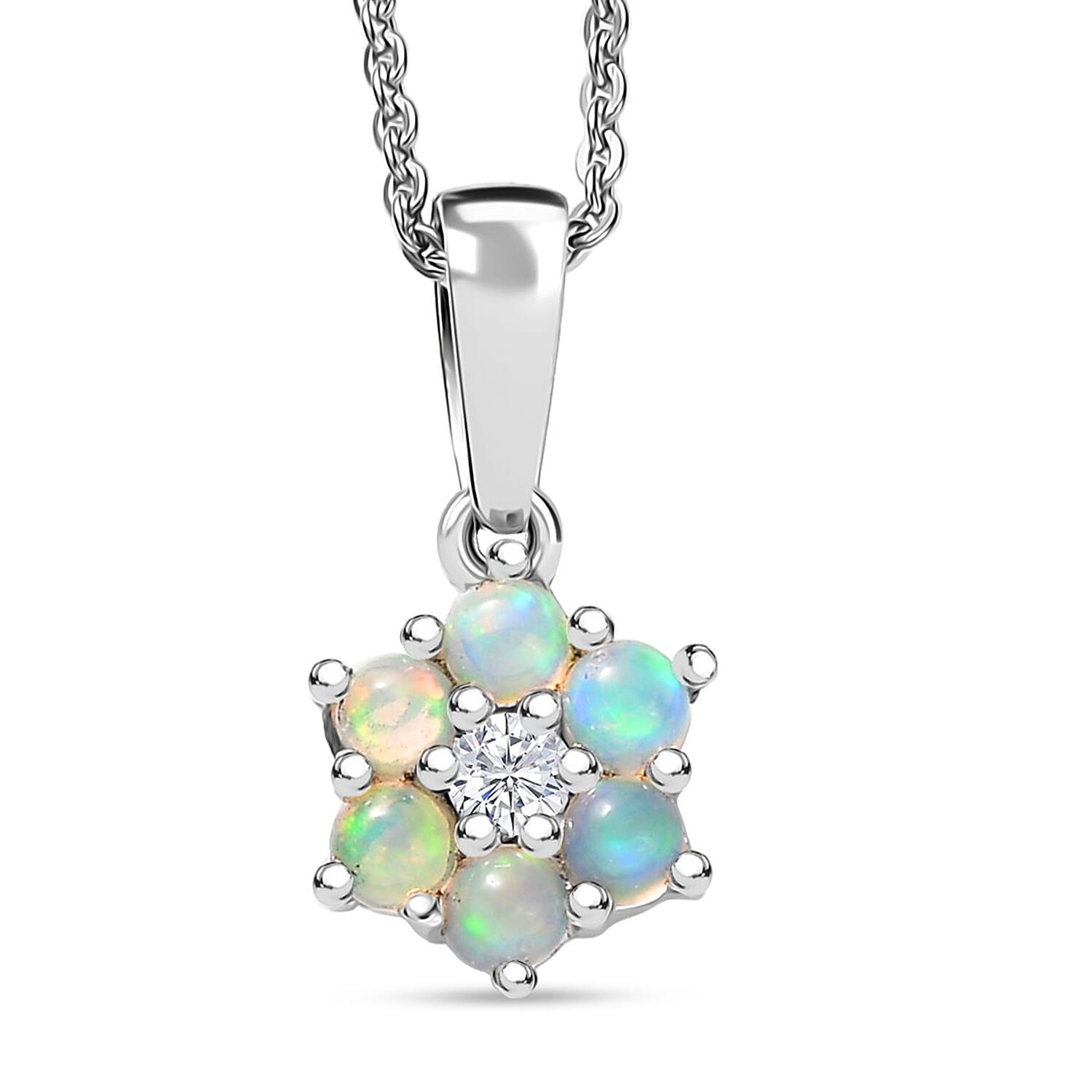 D'Joy Ethiopian Welo Opal and White Zircon 0.40 ctw Pendant Necklace in Rhodium Over Sterling Silver 20 Inches
