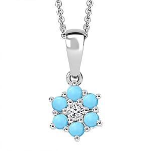 D'Joy Premium Sleeping Beauty Turquoise and White Zircon 0.40 ctw Pendant Necklace in Rhodium Over Sterling Silver 20 Inches 