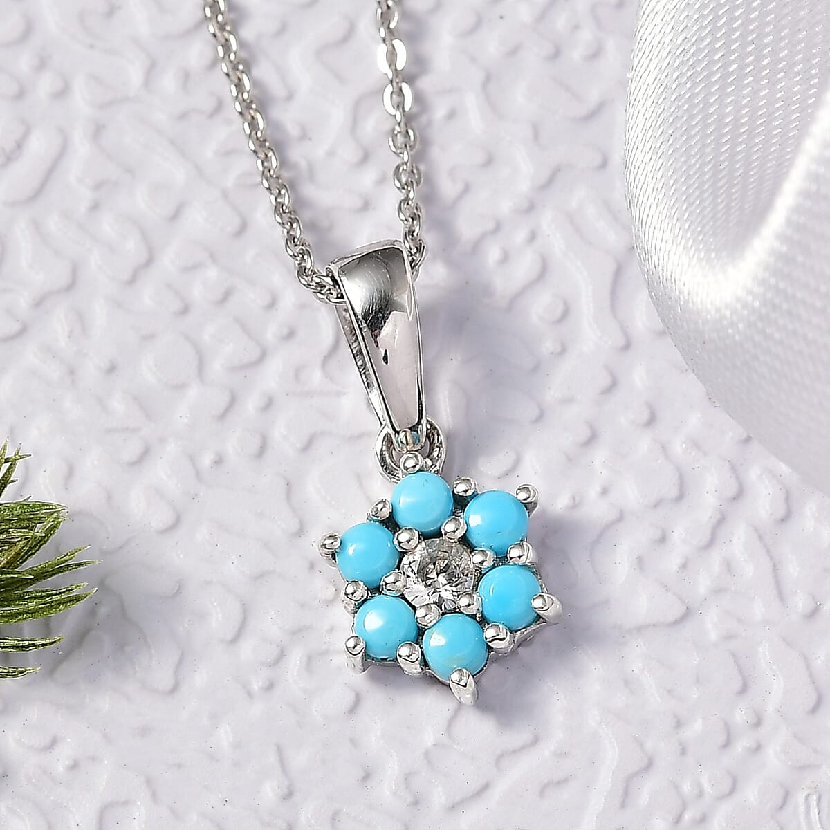 D'Joy Premium Sleeping Beauty Turquoise and White Zircon 0.40 ctw Pendant Necklace in Rhodium Over Sterling Silver 20 Inches  image number 1