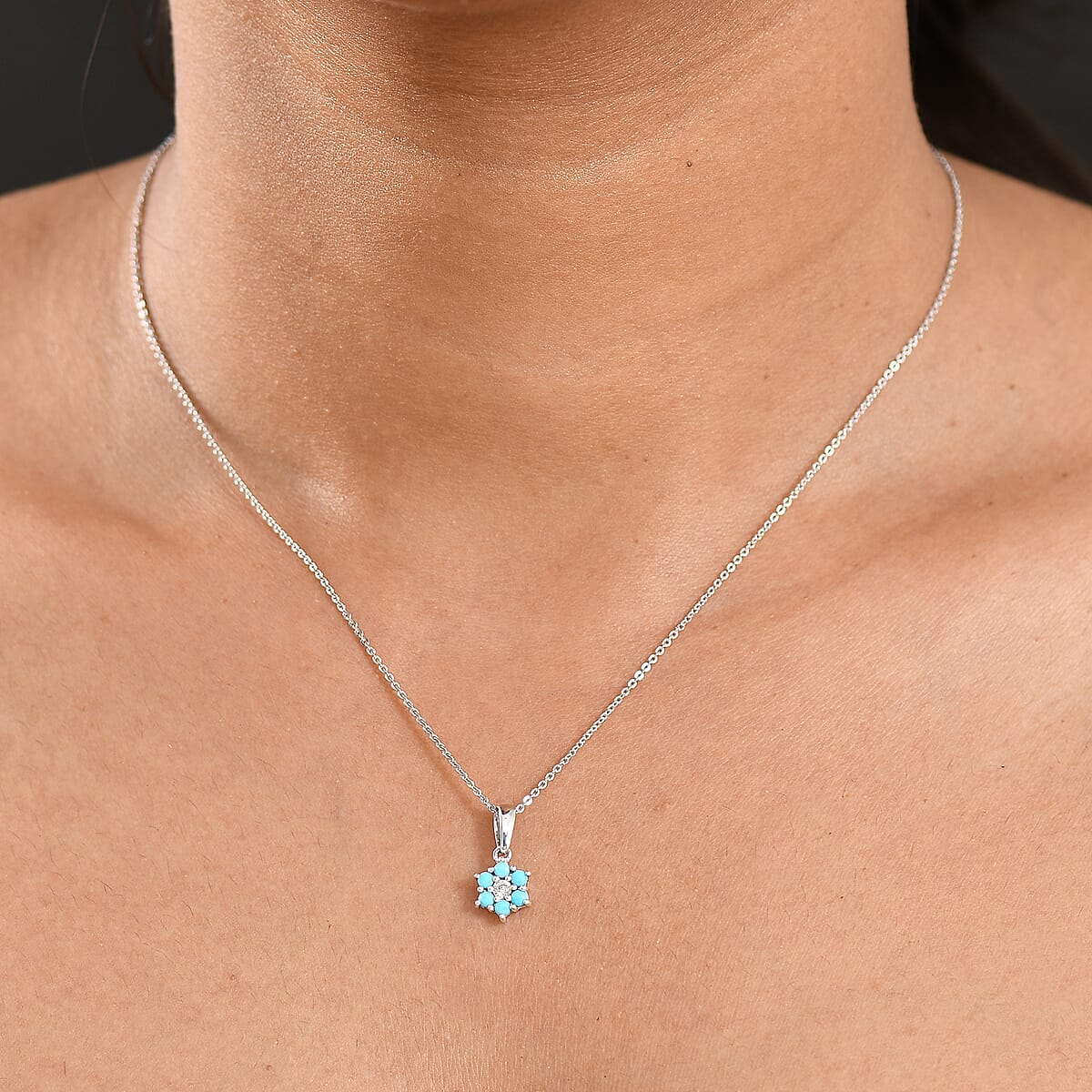 D'Joy Premium Sleeping Beauty Turquoise and White Zircon 0.40 ctw Pendant Necklace in Rhodium Over Sterling Silver 20 Inches  image number 2