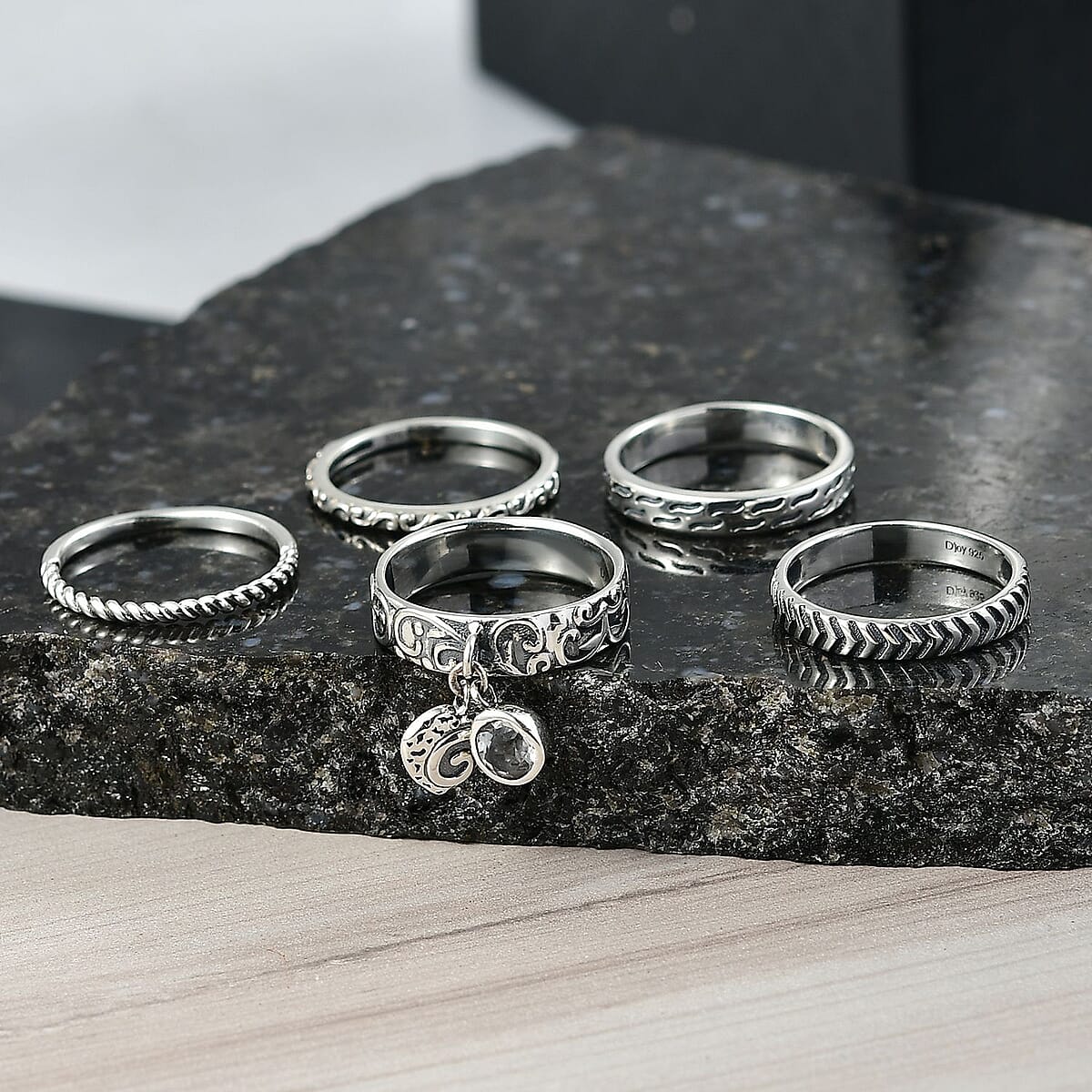 D'Joy Passport to Israel Artisan Crafted White Topaz 0.60 ctw Set of 5 Band Rings in Sterling Silver (Size 10.0) image number 1