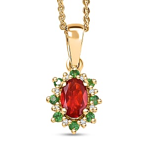 D'Joy Mexican Cherry Fire Opal and Multi Gemstone 0.50 ctw Classic Halo Pendant Necklace in 18K Vermeil Yellow Gold Over Sterling Silver 20 Inches