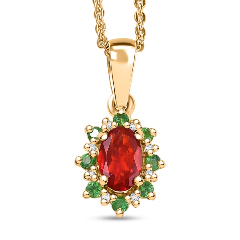 D'Joy Mexican Cherry Fire Opal and Multi Gemstone 0.50 ctw Classic Halo Pendant Necklace in 18K Vermeil Yellow Gold Over Sterling Silver 20 Inches