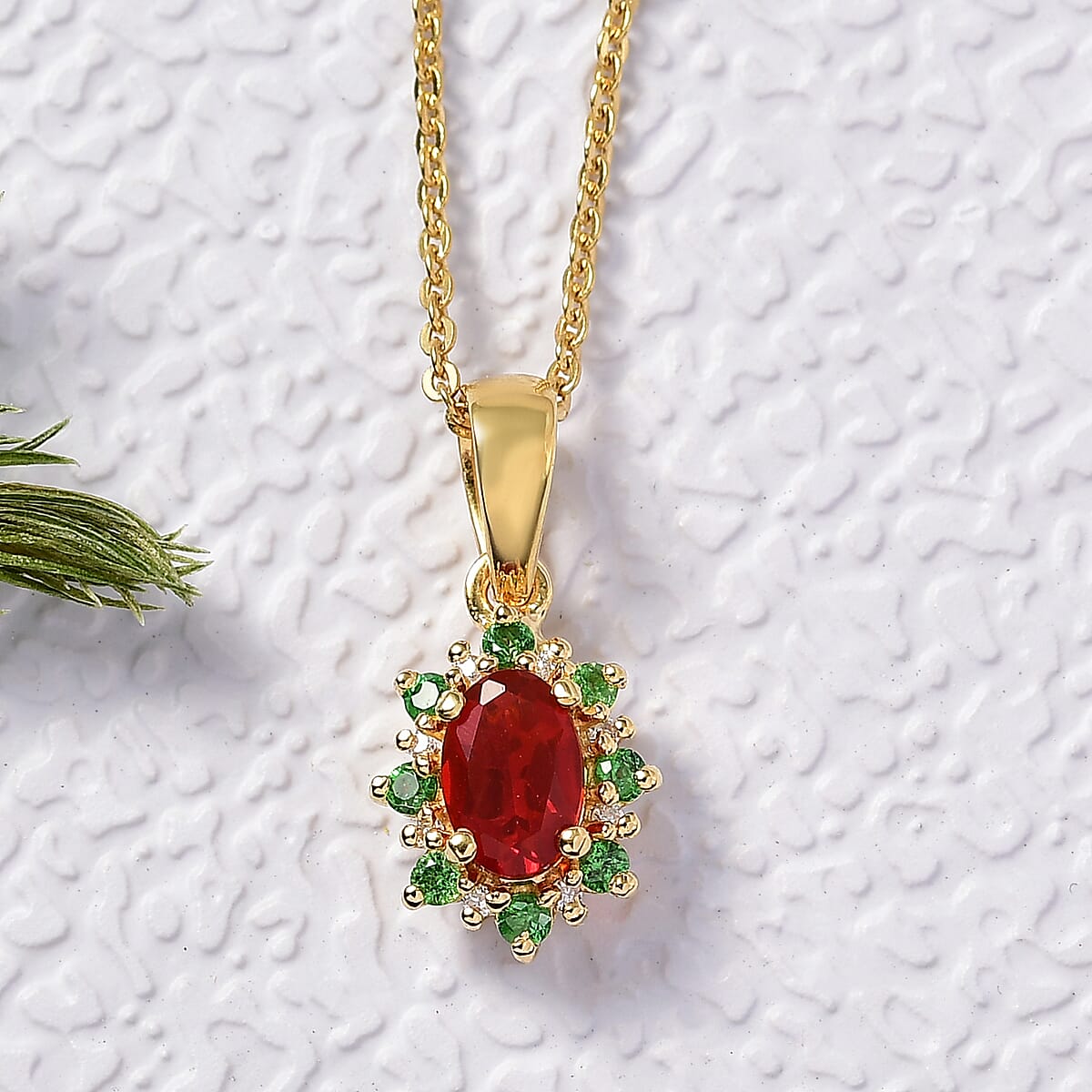 D'Joy Mexican Cherry Fire Opal and Multi Gemstone 0.50 ctw Classic Halo Pendant Necklace in 18K Vermeil Yellow Gold Over Sterling Silver 20 Inches image number 1