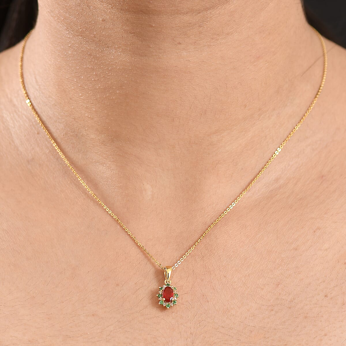 D'Joy Mexican Cherry Fire Opal and Multi Gemstone 0.50 ctw Classic Halo Pendant Necklace in 18K Vermeil Yellow Gold Over Sterling Silver 20 Inches image number 2