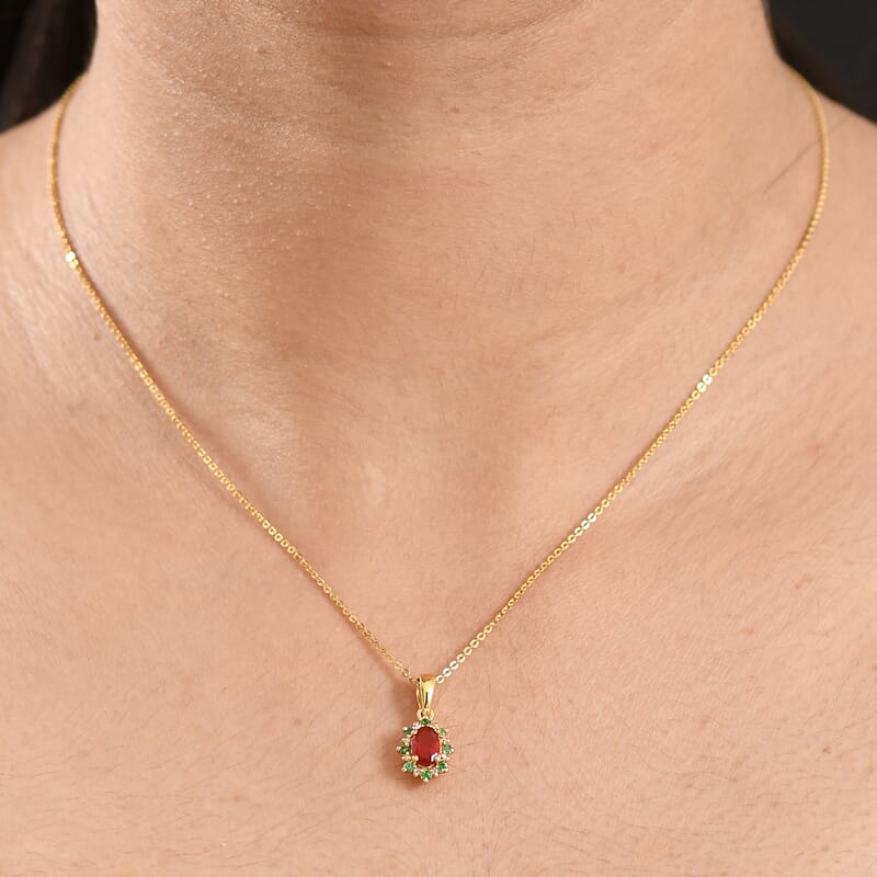 D'Joy Mexican Cherry Fire Opal and Multi Gemstone 0.50 ctw Classic Halo Pendant Necklace in 18K Vermeil Yellow Gold Over Sterling Silver 20 Inches