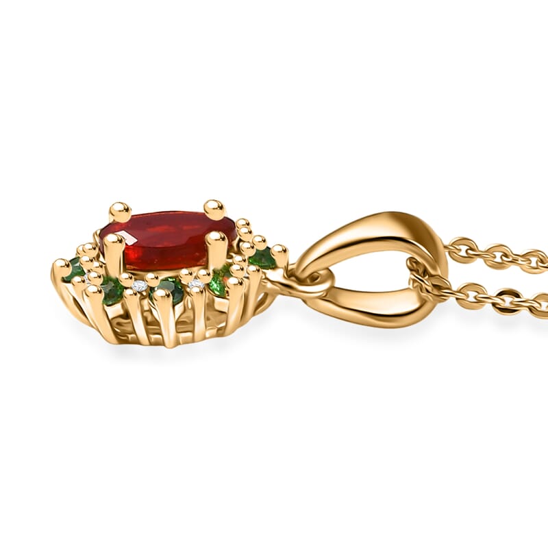 D'Joy Mexican Cherry Fire Opal and Multi Gemstone 0.50 ctw Classic Halo Pendant Necklace in 18K Vermeil Yellow Gold Over Sterling Silver 20 Inches