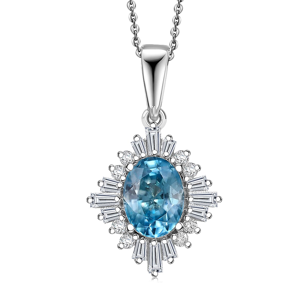 D'Joy Premium Cambodian Blue Zircon and Moissanite 2.50 ctw Royal Flare Pendant Necklace in Rhodium Over Sterling Silver 20 Inches image number 0
