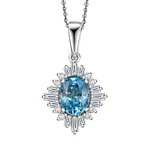 D'Joy Premium Cambodian Blue Zircon and Moissanite 2.50 ctw Royal Flare Pendant Necklace in Rhodium Over Sterling Silver 20 Inches