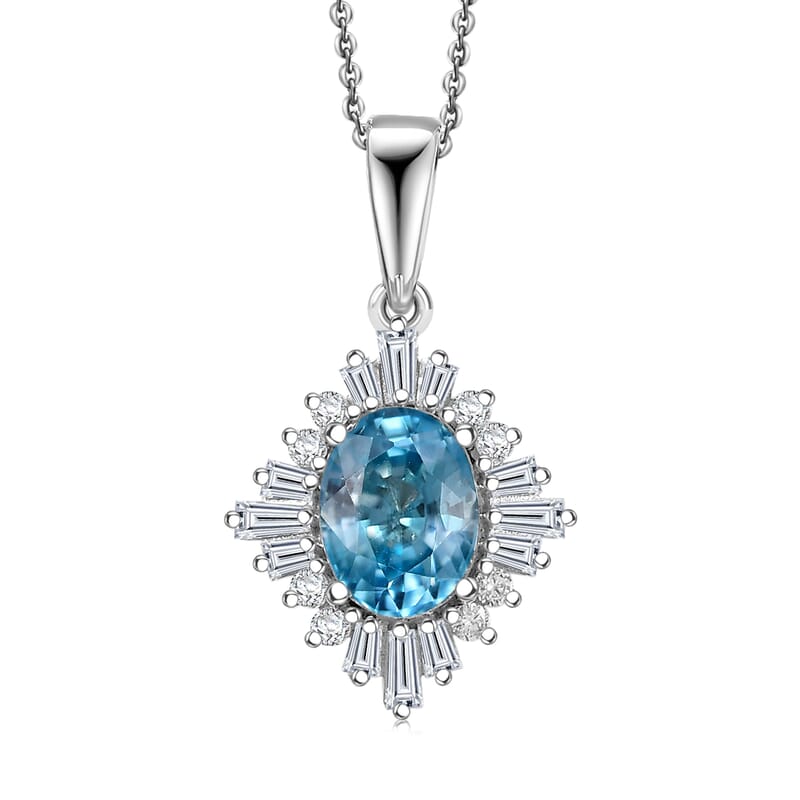 D'Joy Premium Cambodian Blue Zircon and Moissanite 2.50 ctw Royal Flare Pendant Necklace in Rhodium Over Sterling Silver 20 Inches