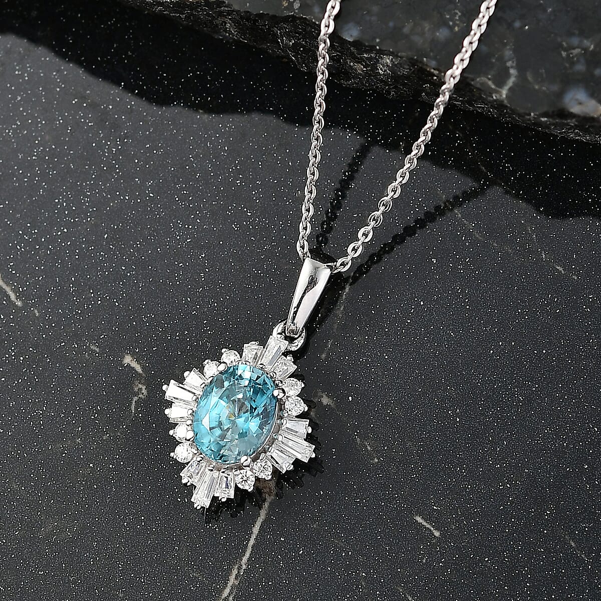 D'Joy Premium Cambodian Blue Zircon and Moissanite 2.50 ctw Royal Flare Pendant Necklace in Rhodium Over Sterling Silver 20 Inches image number 1