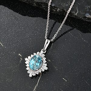 D'Joy Premium Cambodian Blue Zircon and Moissanite 2.50 ctw Royal Flare Pendant Necklace in Rhodium Over Sterling Silver 20 Inches