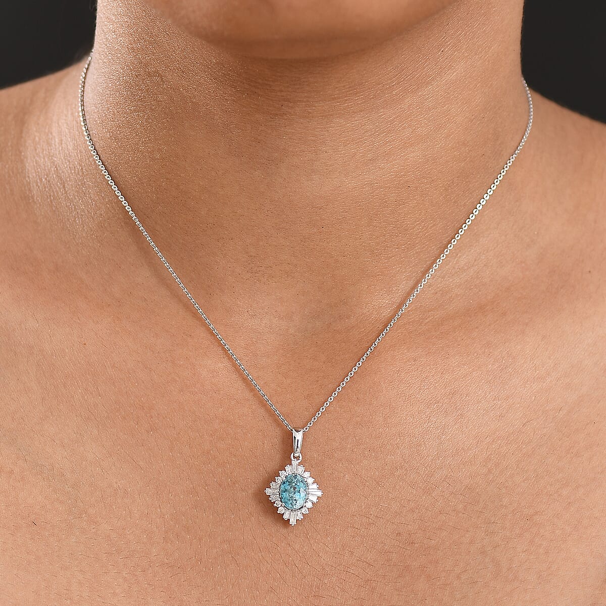 D'Joy Premium Cambodian Blue Zircon and Moissanite 2.50 ctw Royal Flare Pendant Necklace in Rhodium Over Sterling Silver 20 Inches image number 2