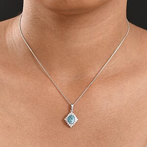 D'Joy Premium Cambodian Blue Zircon and Moissanite 2.50 ctw Royal Flare Pendant Necklace in Rhodium Over Sterling Silver 20 Inches