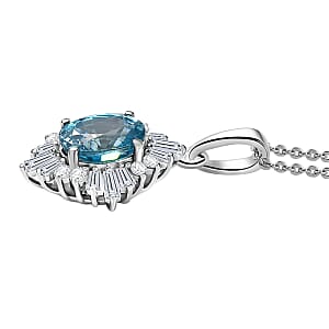 D'Joy Premium Cambodian Blue Zircon and Moissanite 2.50 ctw Royal Flare Pendant Necklace in Rhodium Over Sterling Silver 20 Inches