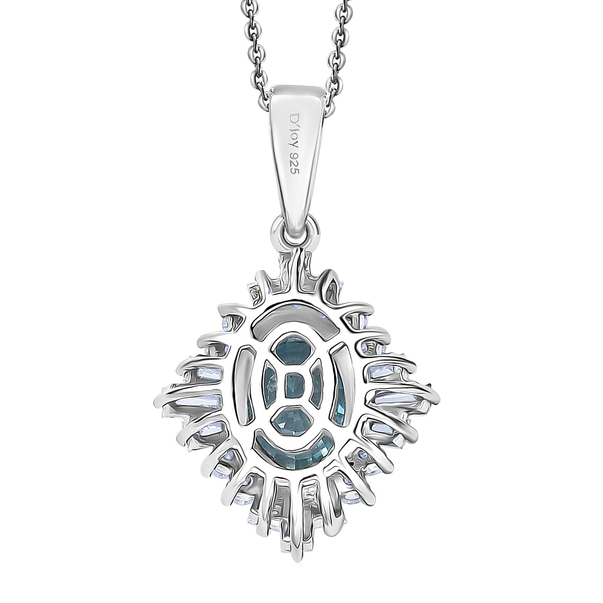 D'Joy Premium Cambodian Blue Zircon and Moissanite 2.50 ctw Royal Flare Pendant Necklace in Rhodium Over Sterling Silver 20 Inches