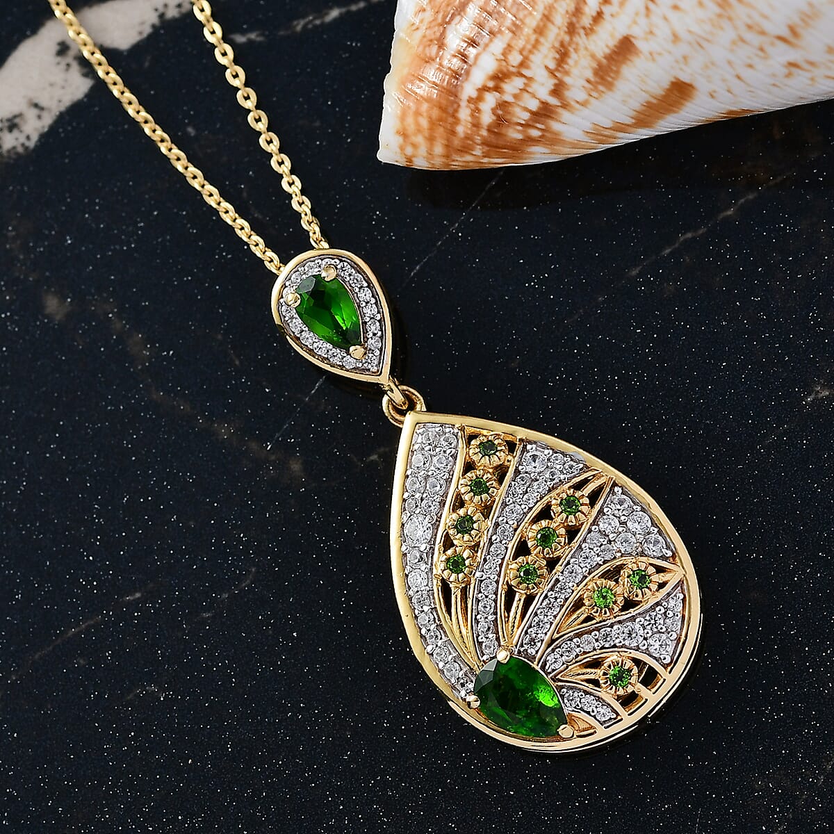 D'Joy Passport to Israel Chrome Diopside and White Zircon 1.50 ctw Pendant Necklace in 18K Vermeil Yellow Gold Over Sterling Silver 20 Inches   image number 1