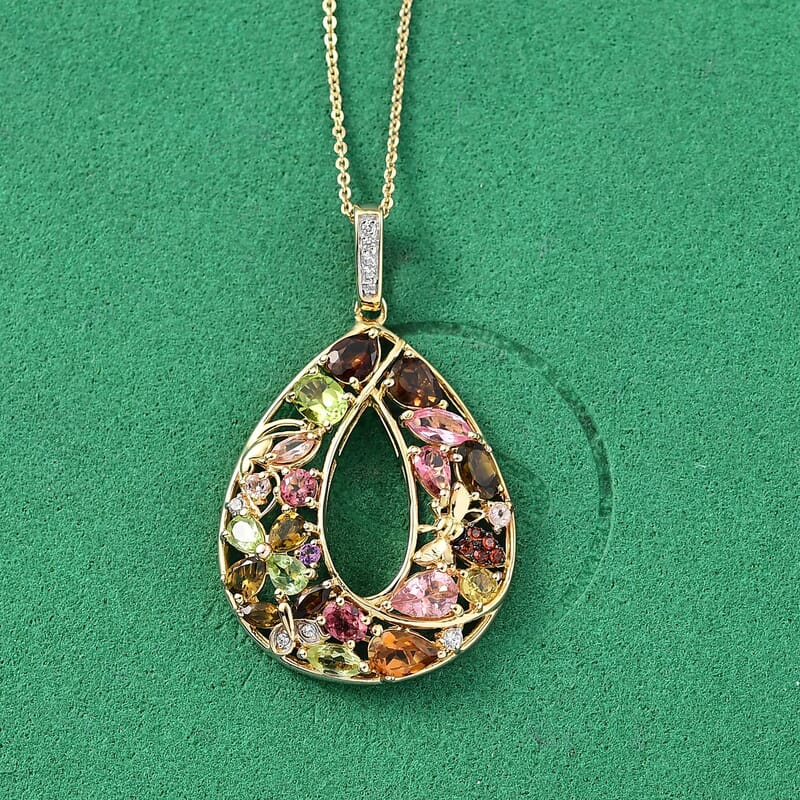GP Multi-Tourmaline and Multi Gemstone 4.00 ctw Pendant Necklace (20 Inches) in 18K Vermeil Yellow Gold Over Sterling Silver