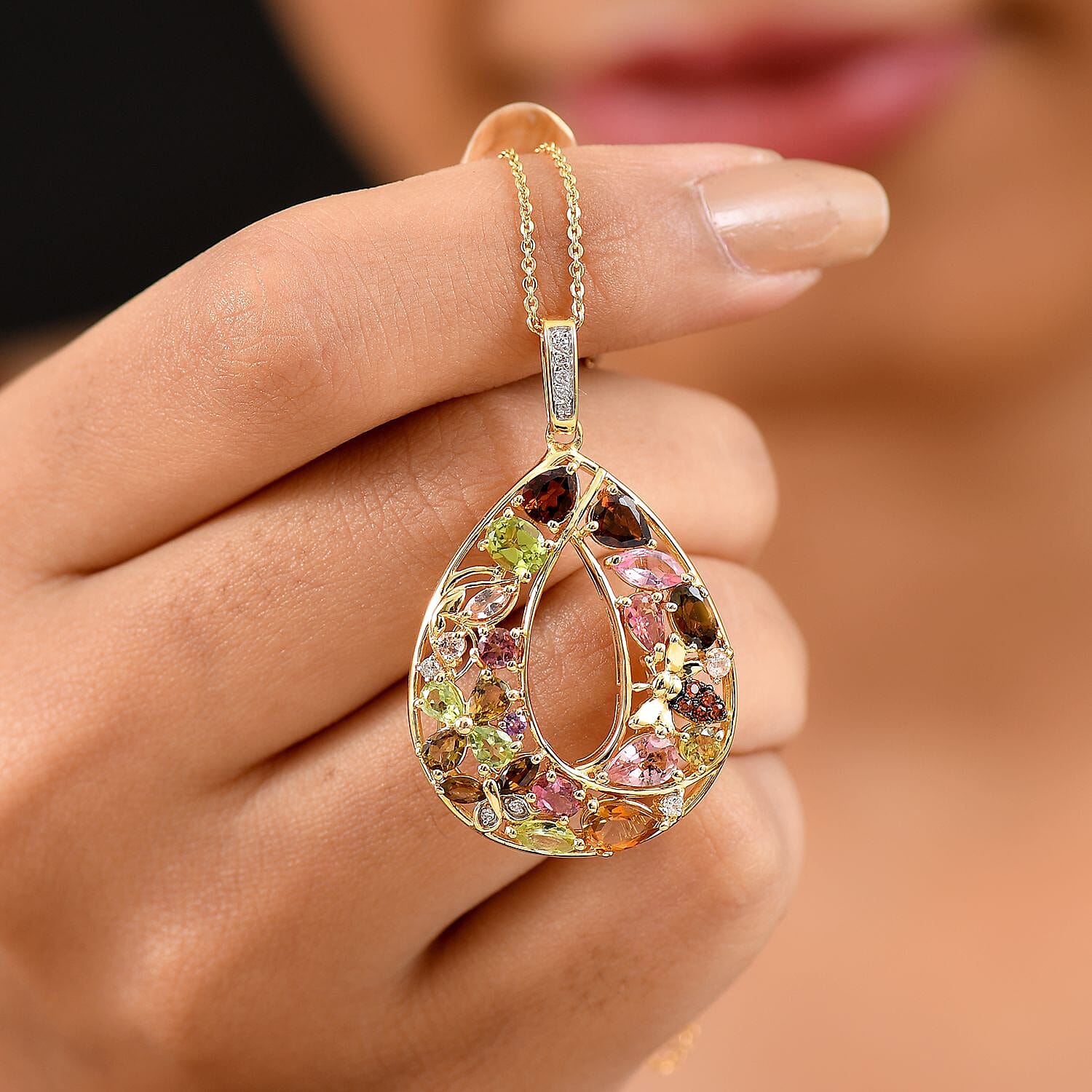 GP Multi-Tourmaline and Multi Gemstone 4.00 ctw Pendant Necklace (20 Inches) in 18K Vermeil Yellow Gold Over Sterling Silver