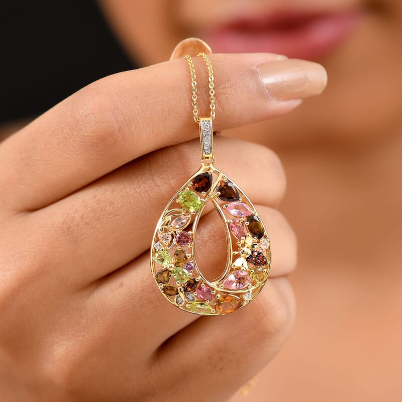 GP Multi-Tourmaline and Multi Gemstone 4.00 ctw Pendant Necklace (20 Inches) in 18K Vermeil Yellow Gold Over Sterling Silver