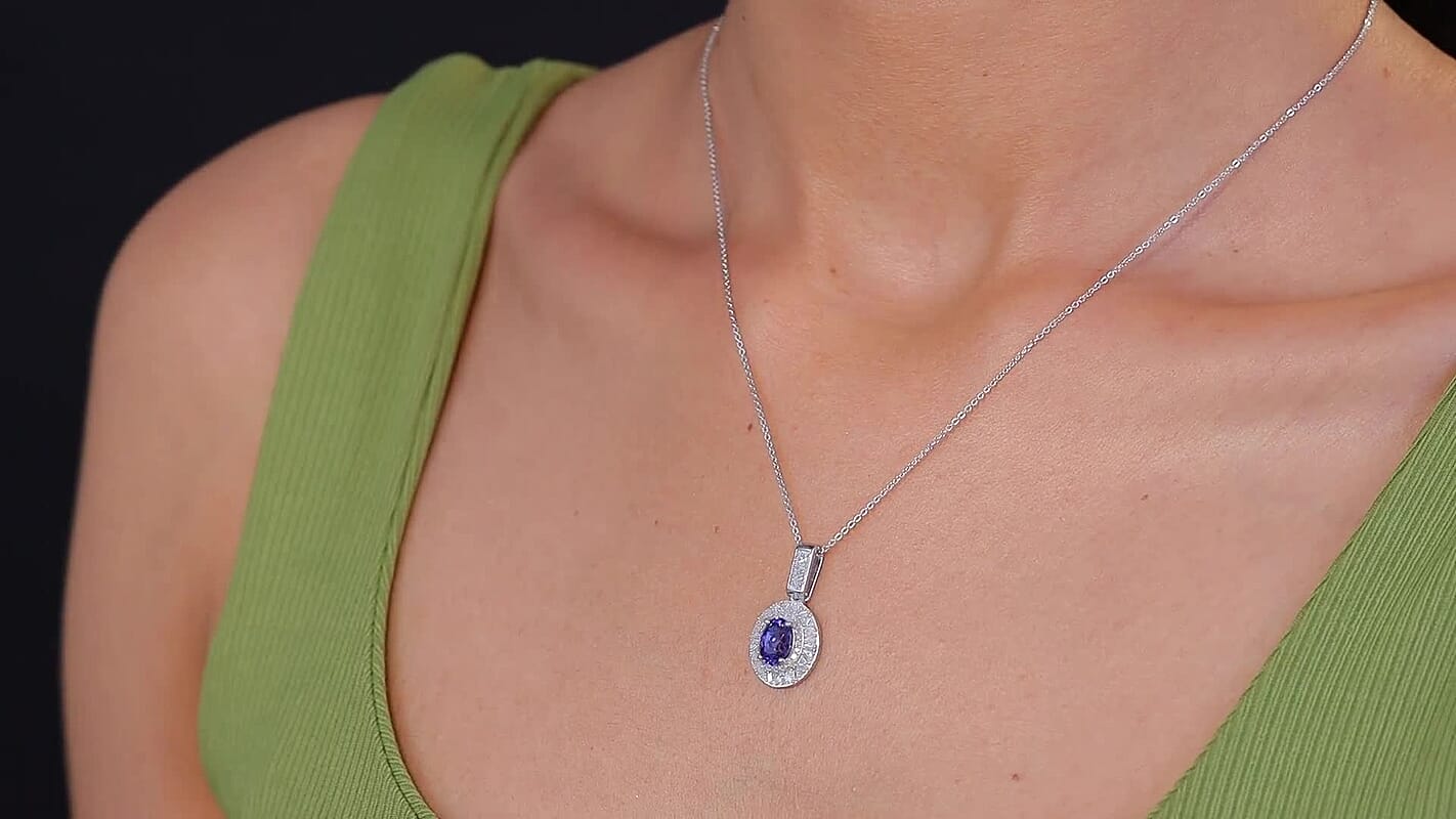 D'Joy Tanzanite, Diamond (0.40 cts) Pendant Necklace (20 Inches) in Rhodium Over Sterling Silver 1.70 ctw