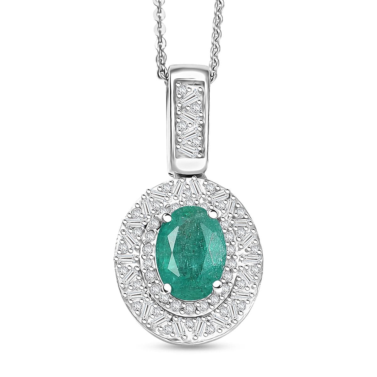 Doorbuster D'Joy Premium Kagem Zambian Emerald and Diamond 1.60 ctw Snowflake Pendant Necklace in Rhodium Over Sterling Silver 20 Inches image number 0