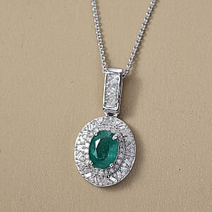D'Joy Premium Zambian Emerald, Diamond Snowflake Pendant Necklace in Rhodium Over Sterling Silver 1.60 ctw (20 Inches)
