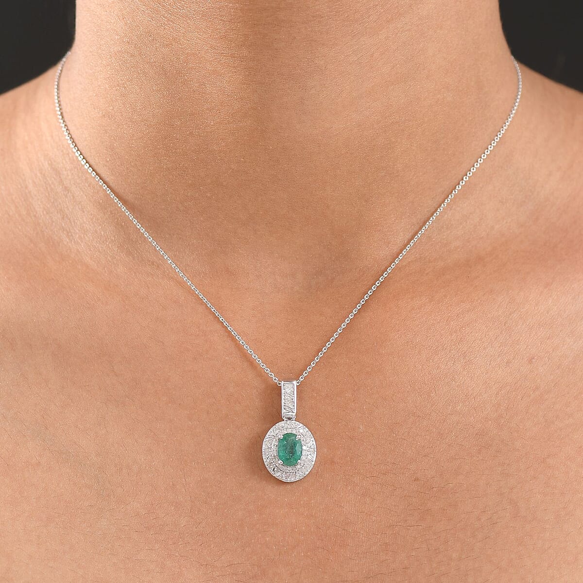 Doorbuster D'Joy Premium Kagem Zambian Emerald and Diamond 1.60 ctw Snowflake Pendant Necklace in Rhodium Over Sterling Silver 20 Inches image number 2