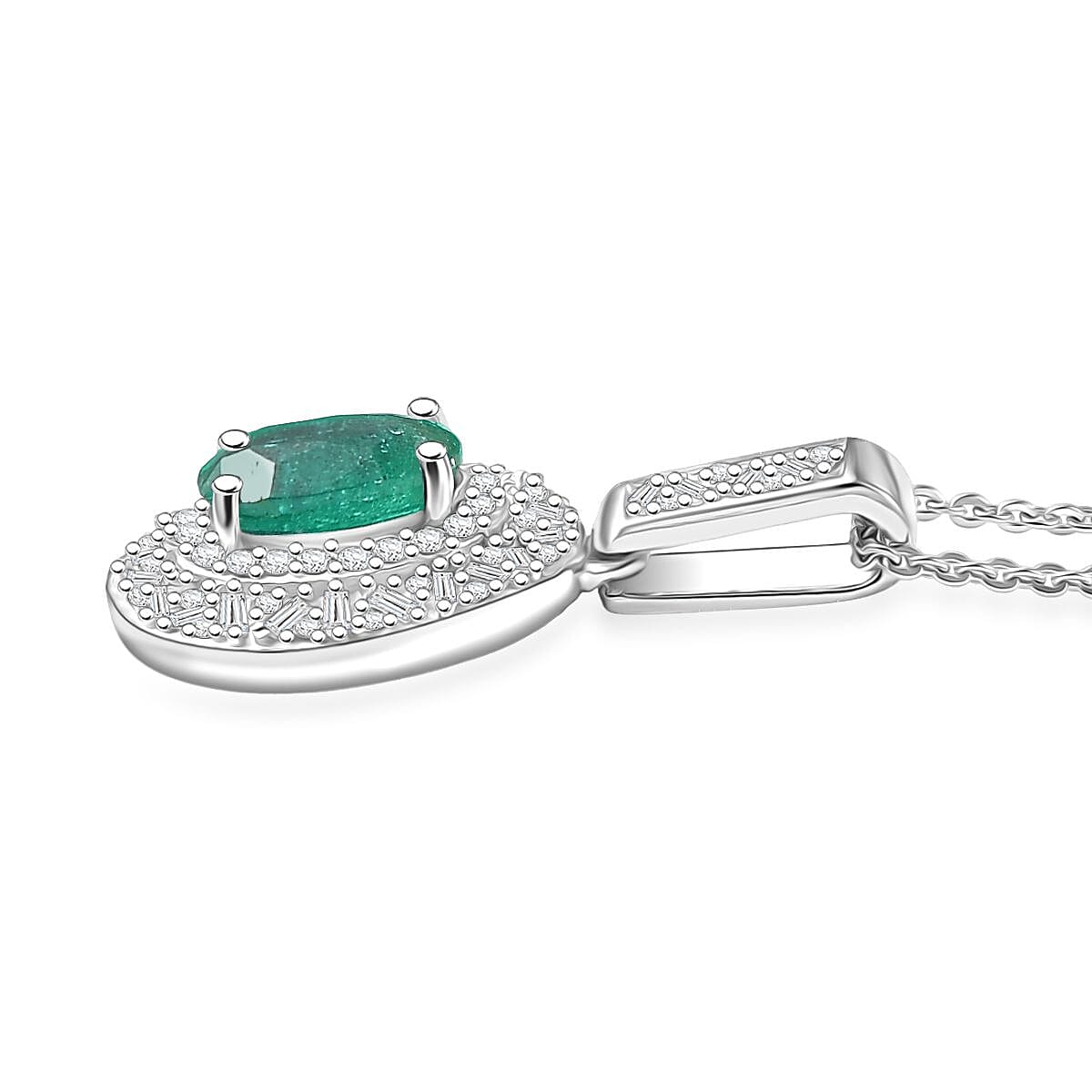 Doorbuster D'Joy Premium Kagem Zambian Emerald and Diamond 1.60 ctw Snowflake Pendant Necklace in Rhodium Over Sterling Silver 20 Inches image number 3