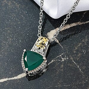 EverTrue Verde Onyx, White Zircon Garden Crest Pendant in 18K YG Plated and Platinum Bond with Stainless Steel Necklace 2.20 ctw (20 Inches)