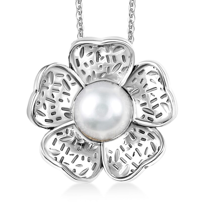 D'Joy Passport to Israel Freshwater Pearl Floral Pendant Necklace in Sterling Silver 20 Inches