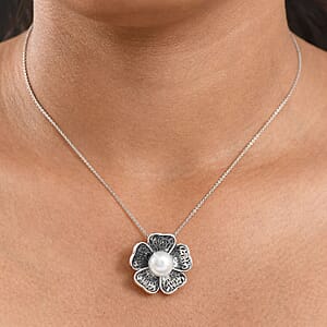 D'Joy Passport to Israel Freshwater Pearl Floral Pendant Necklace in Sterling Silver 20 Inches